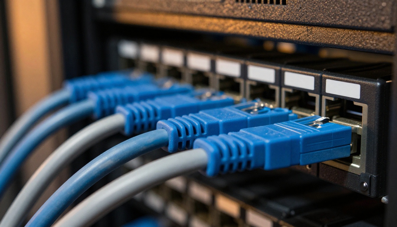 Low-angle view of ethernet cables plugged into a patch panel in a quiet server room