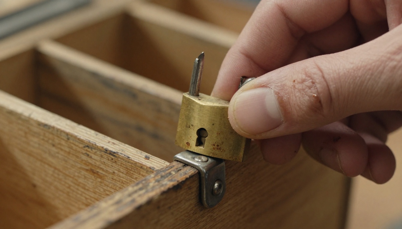 A hand sliding a brass padlock onto a weathered wooden toolbox hasp