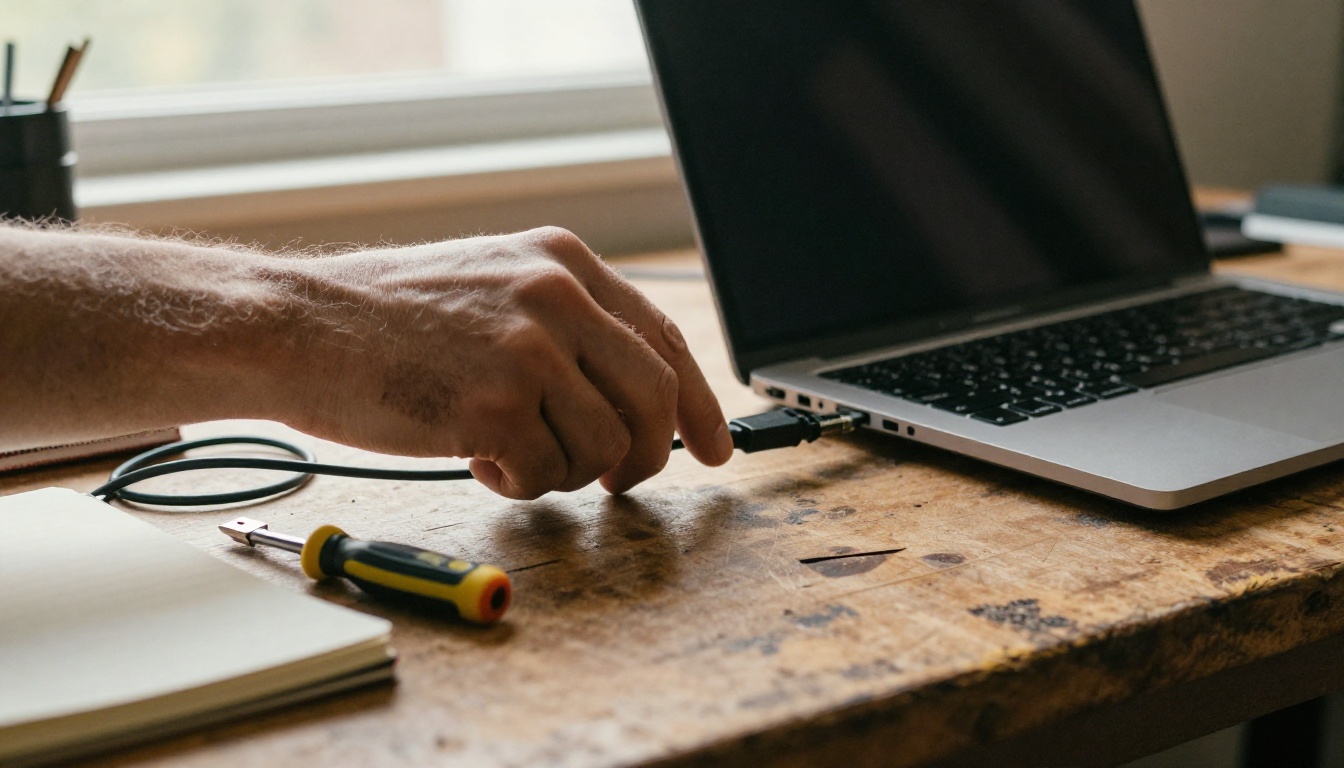 A technician's hand plugging a braided USB-C cable into an open laptop on a workbench