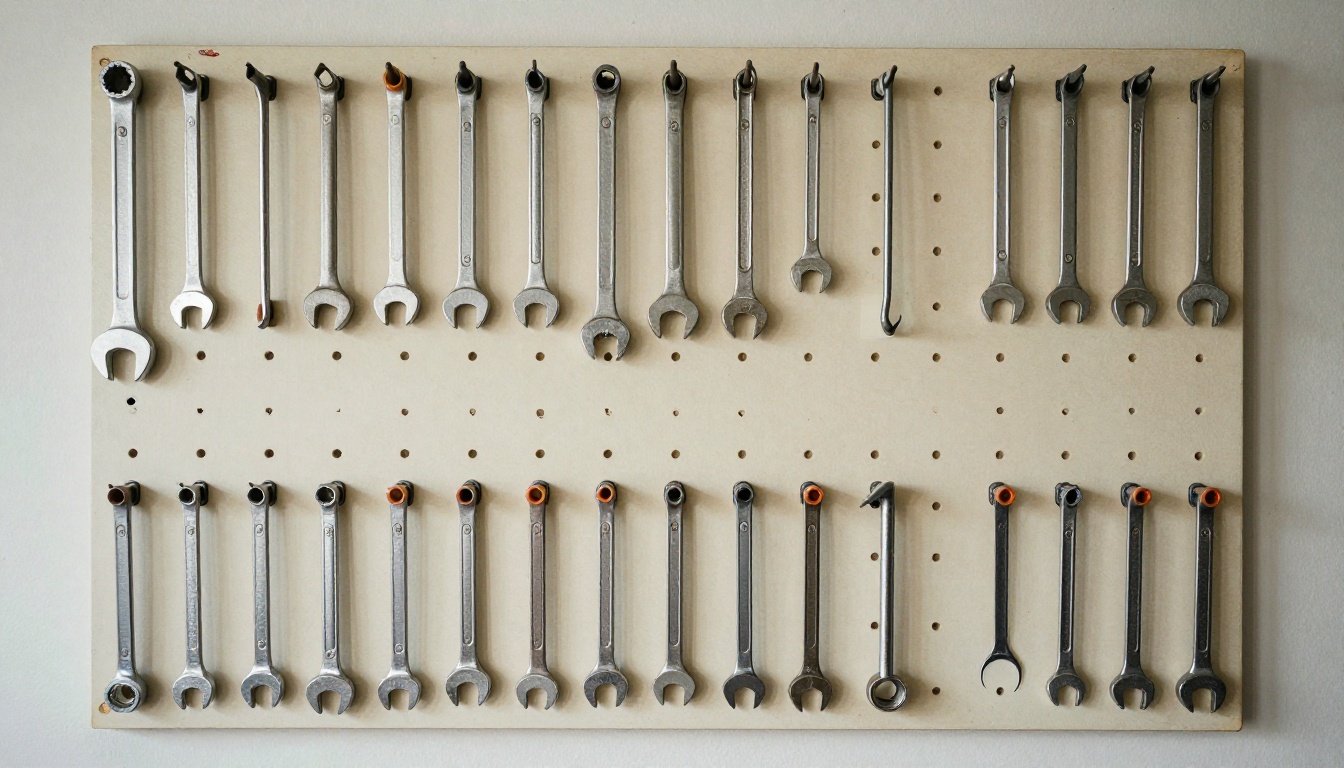 A hand lifting a wrench from its outlined spot on a tidy workshop pegboard