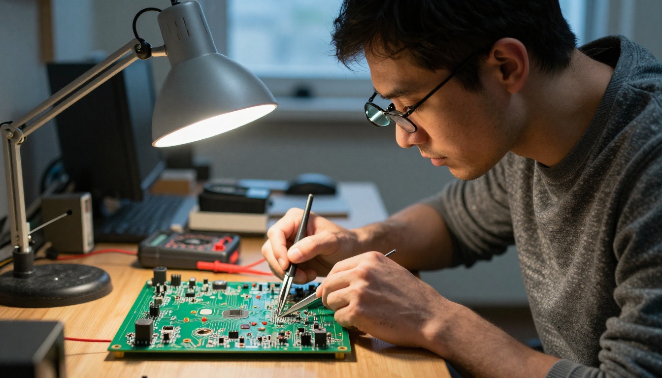 An engineer in a gray sweater inspecting a circuit board under a magnifying lamp