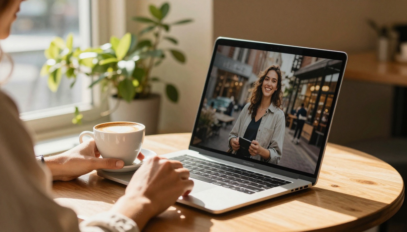 A creative professional reviewing a large photograph on a laptop at a sunny cafe table