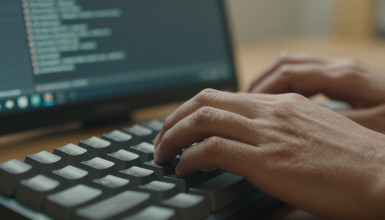 Close-up of hands typing in front of a blurred terminal window