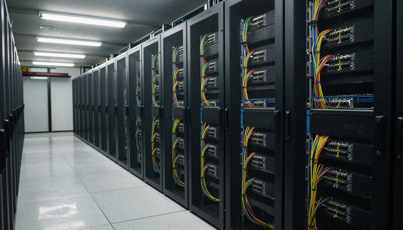 Low-angle view of a quiet data center aisle with server racks and neatly bundled cables