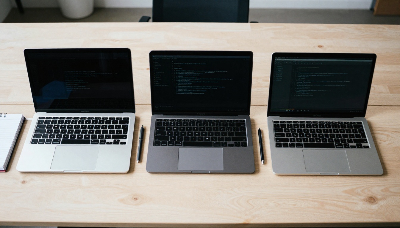 Top-down view of three laptops side by side on an oak table, one for each operating system