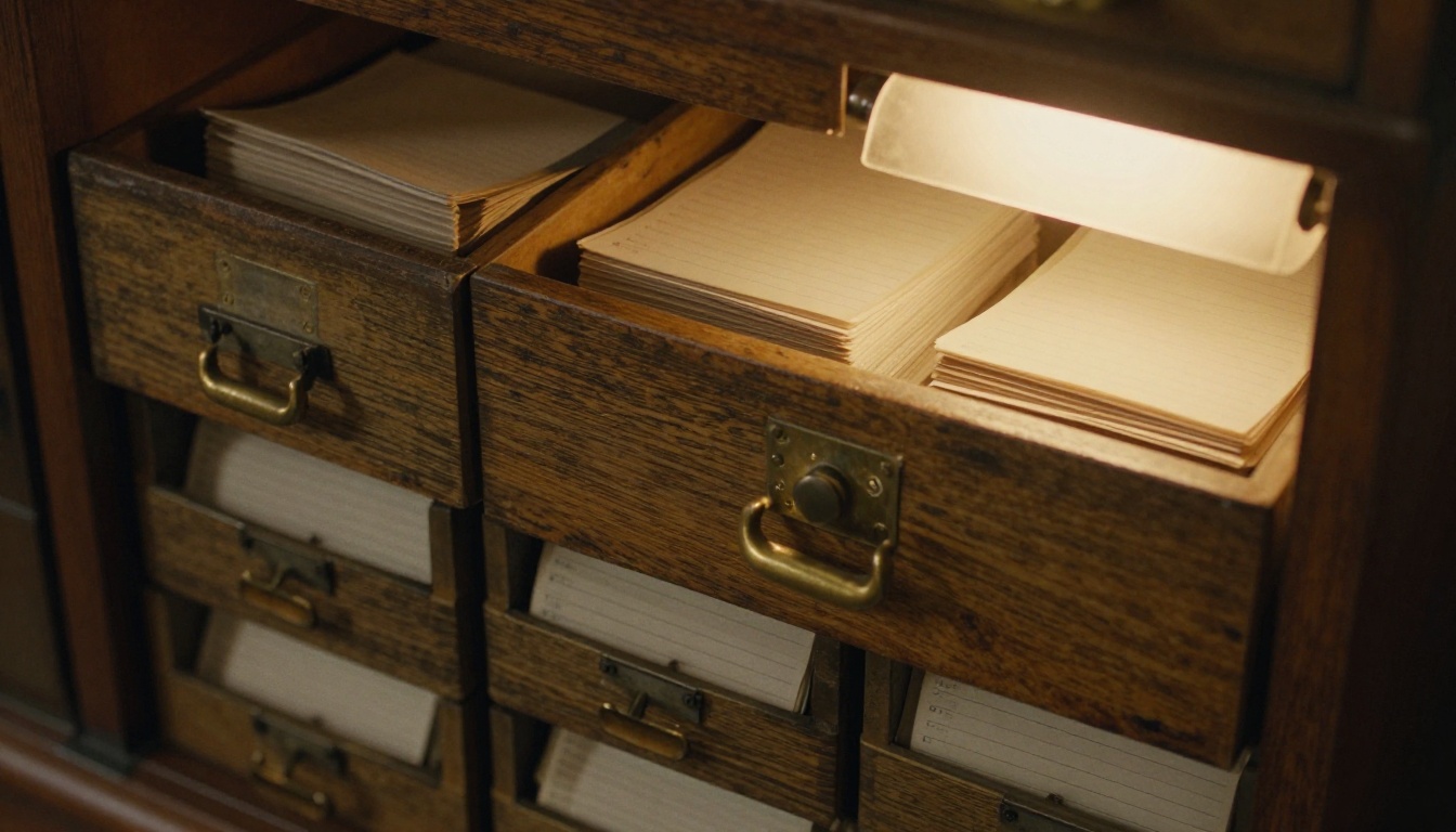 Close-up of an oak library card catalog with one brass-handled drawer pulled open