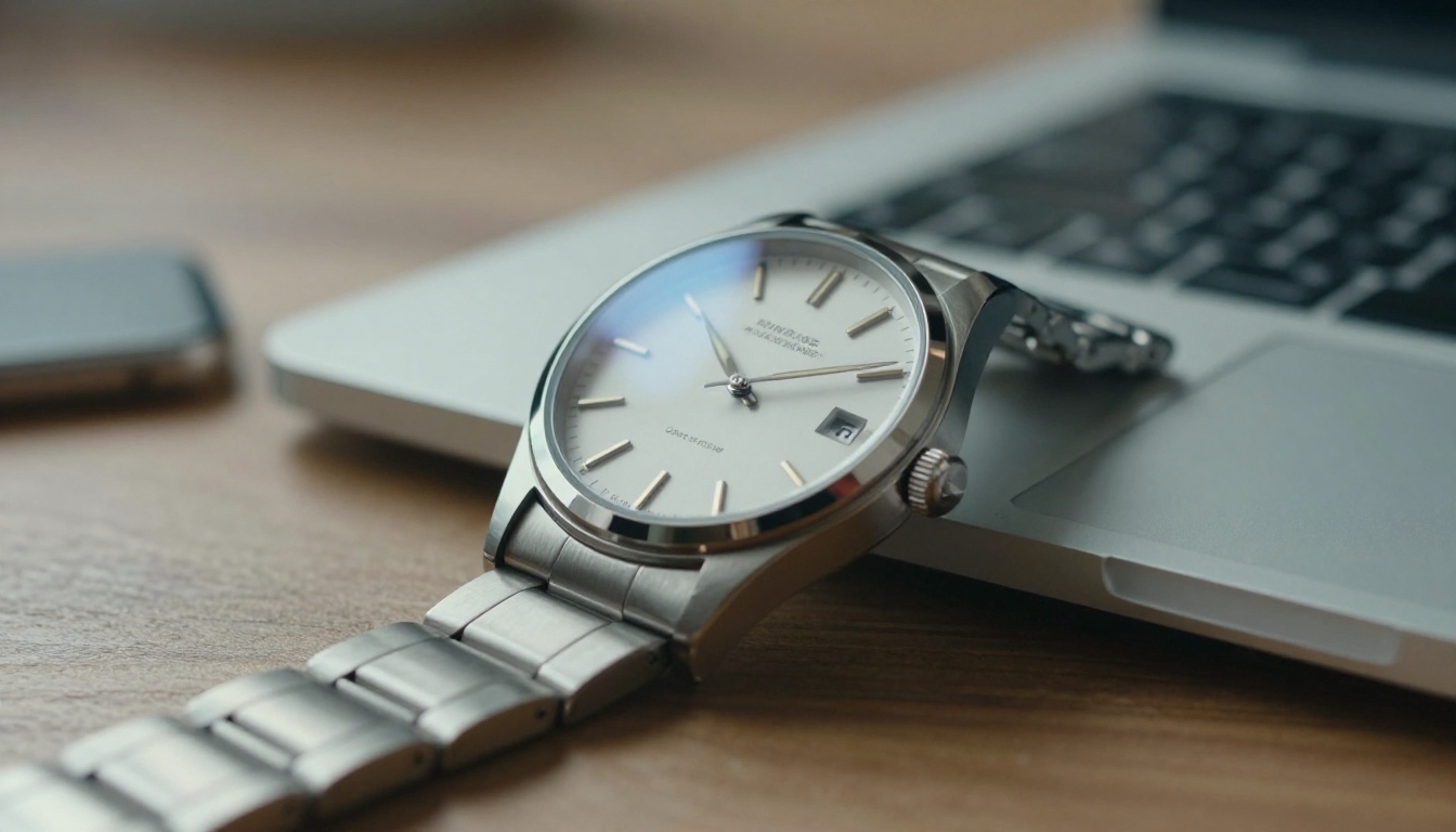 Macro photograph of a steel wristwatch with the second hand mid-sweep beside a laptop