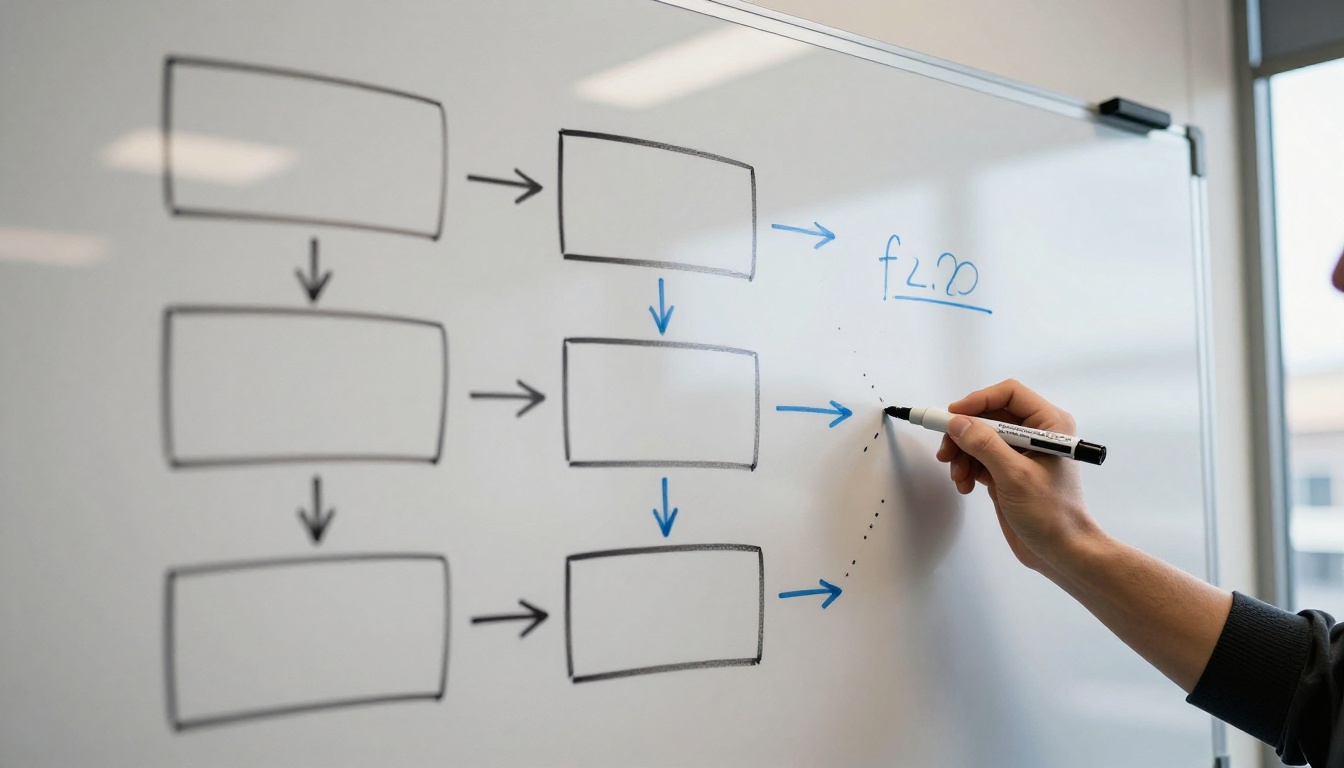 A meeting room whiteboard filled with hand-drawn boxes and arrows