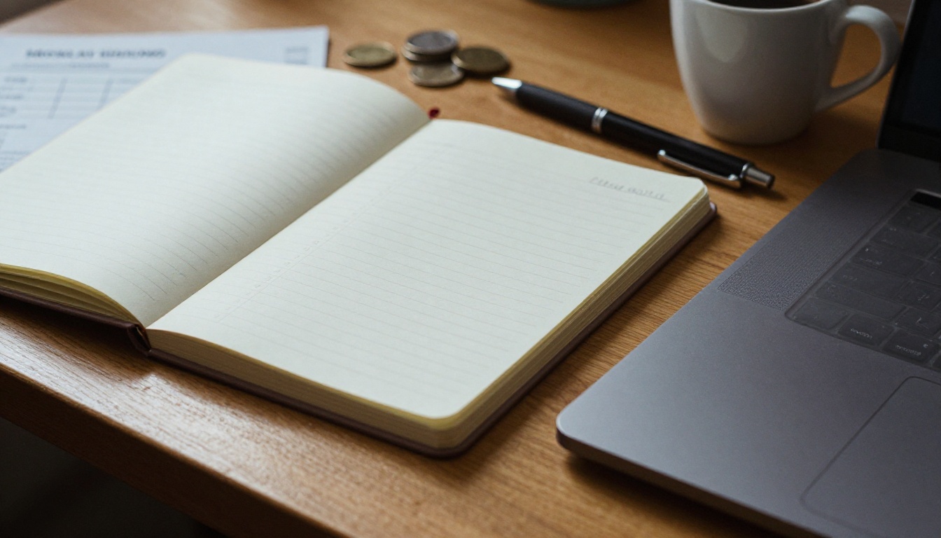 A notebook with a handwritten two-column list of tools beside coins and a printed invoice on a wooden desk