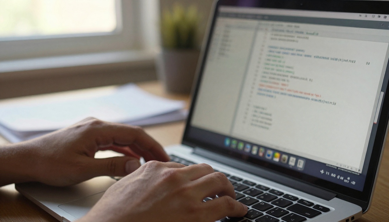 Close-up of a developer's hands on a laptop with a terminal window and printed configuration pages beside it