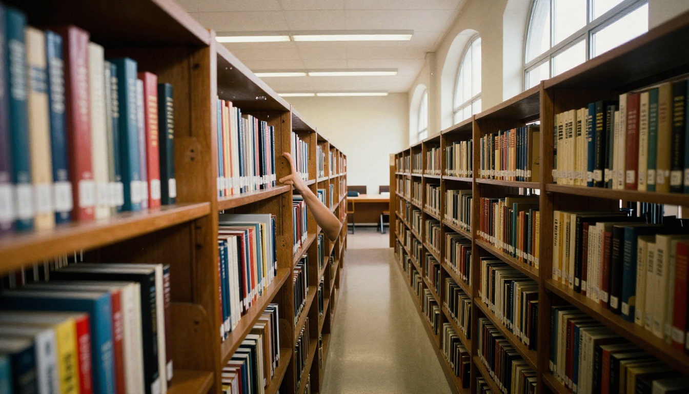 Low-angle view of tall library shelves packed with worn programming reference books and a student reaching for one