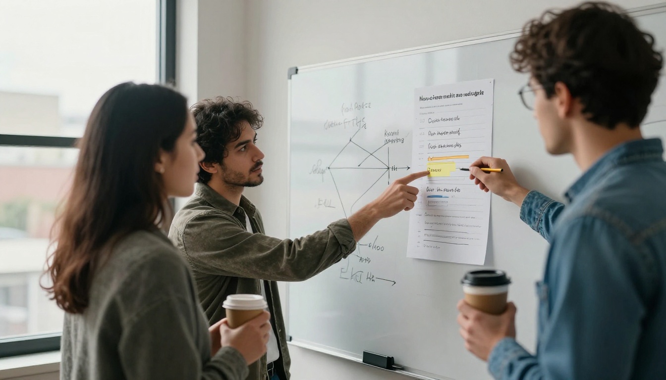 Two software engineers reviewing a printed pull request diff at a standing desk beside a whiteboard of branch diagrams