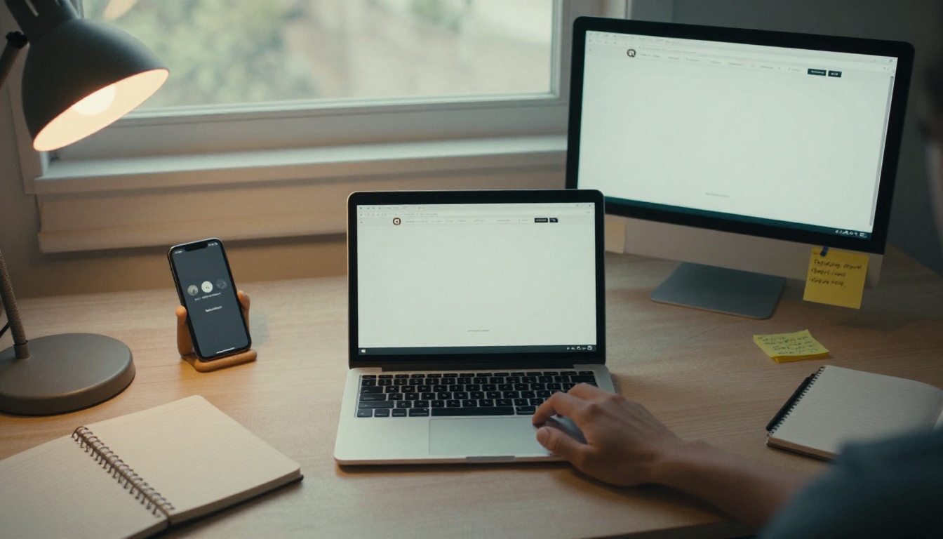 Top-down view of a tester's desk with a phone, tablet, laptop, and monitor showing the same website at different sizes