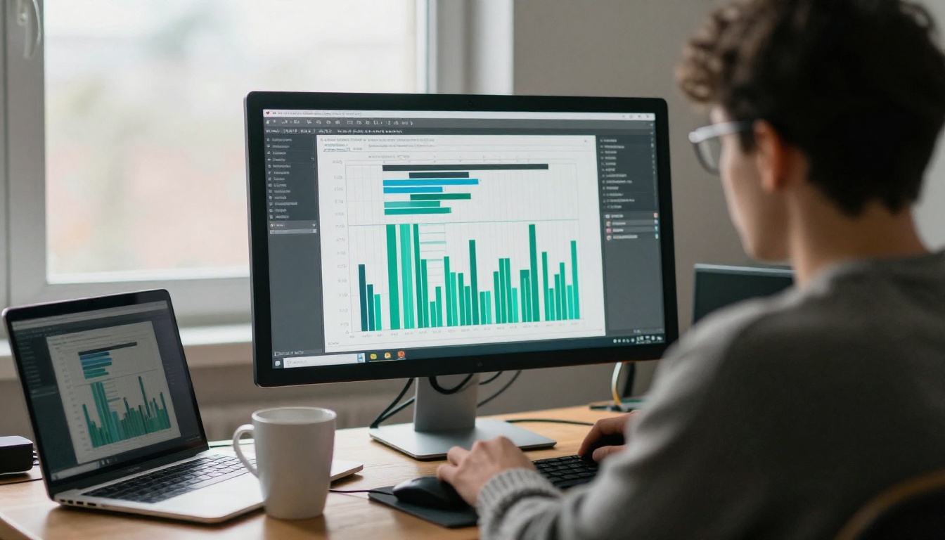 Over-the-shoulder view of a frontend developer studying a waterfall chart of timing bars on a large monitor