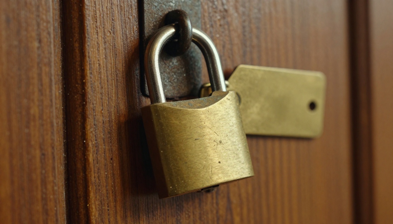 Close view of an old brass padlock hanging open on a worn wooden latch with a small brass tag beside it