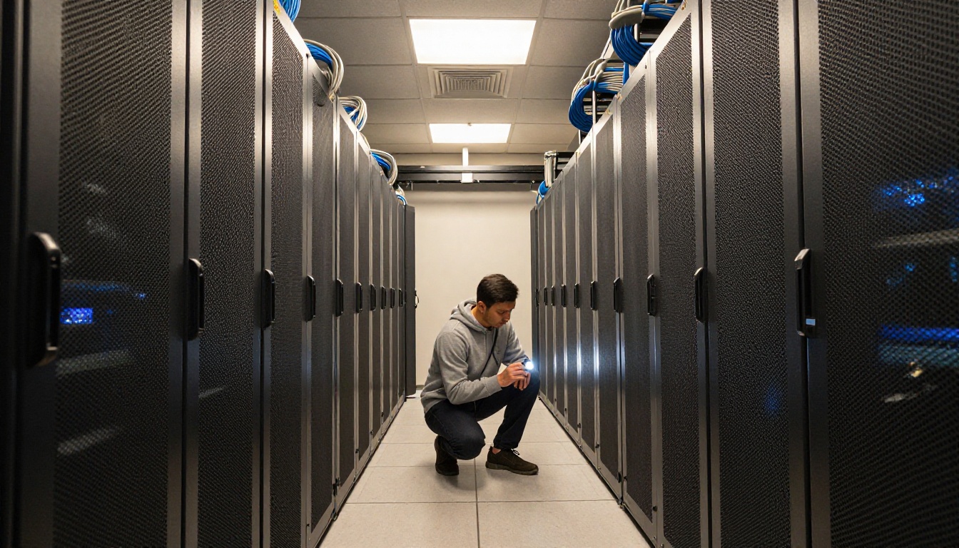 Wide-angle view down a narrow aisle of server racks with labeled patch cables and a technician crouching to inspect a unit