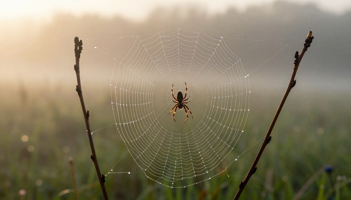 Macro photograph of an orb spider web beaded with dew droplets between two branches at sunrise