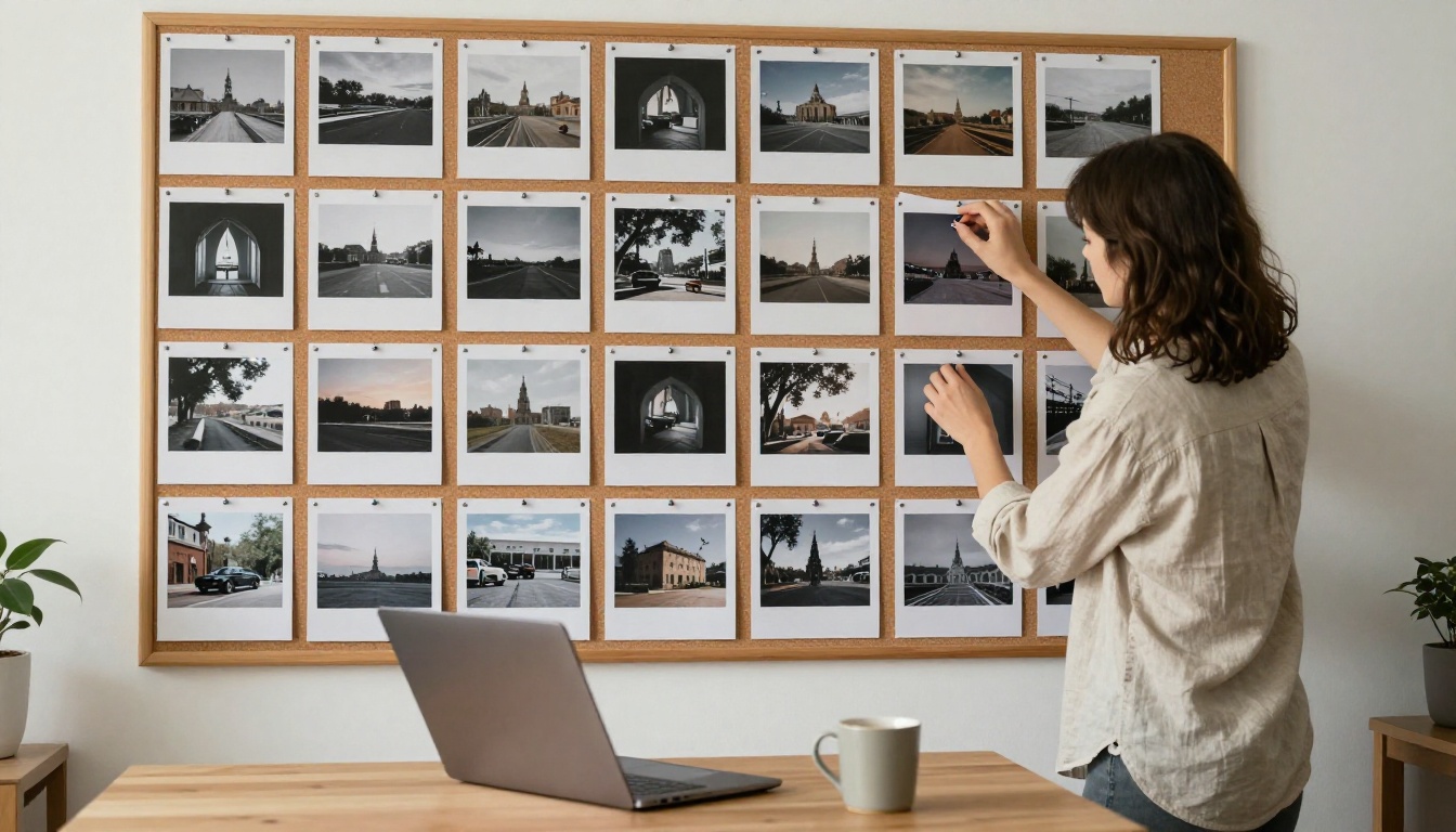 A woman pinning printed photo stills to a cork board in a bright studio with a laptop on the table