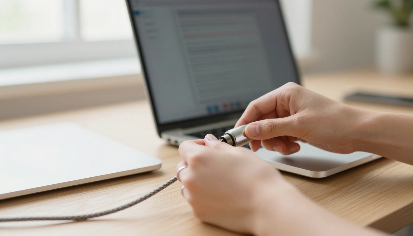 Hands plugging a braided cable into a metal hub beside an open laptop in soft morning light