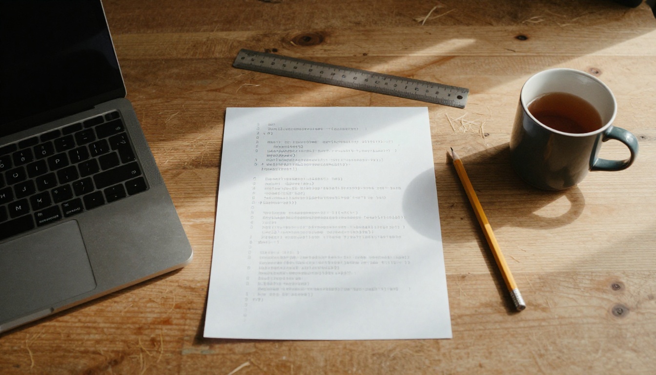 Overhead view of a wooden desk with a laptop, a printed sheet of code lines, a pencil and a cup of tea