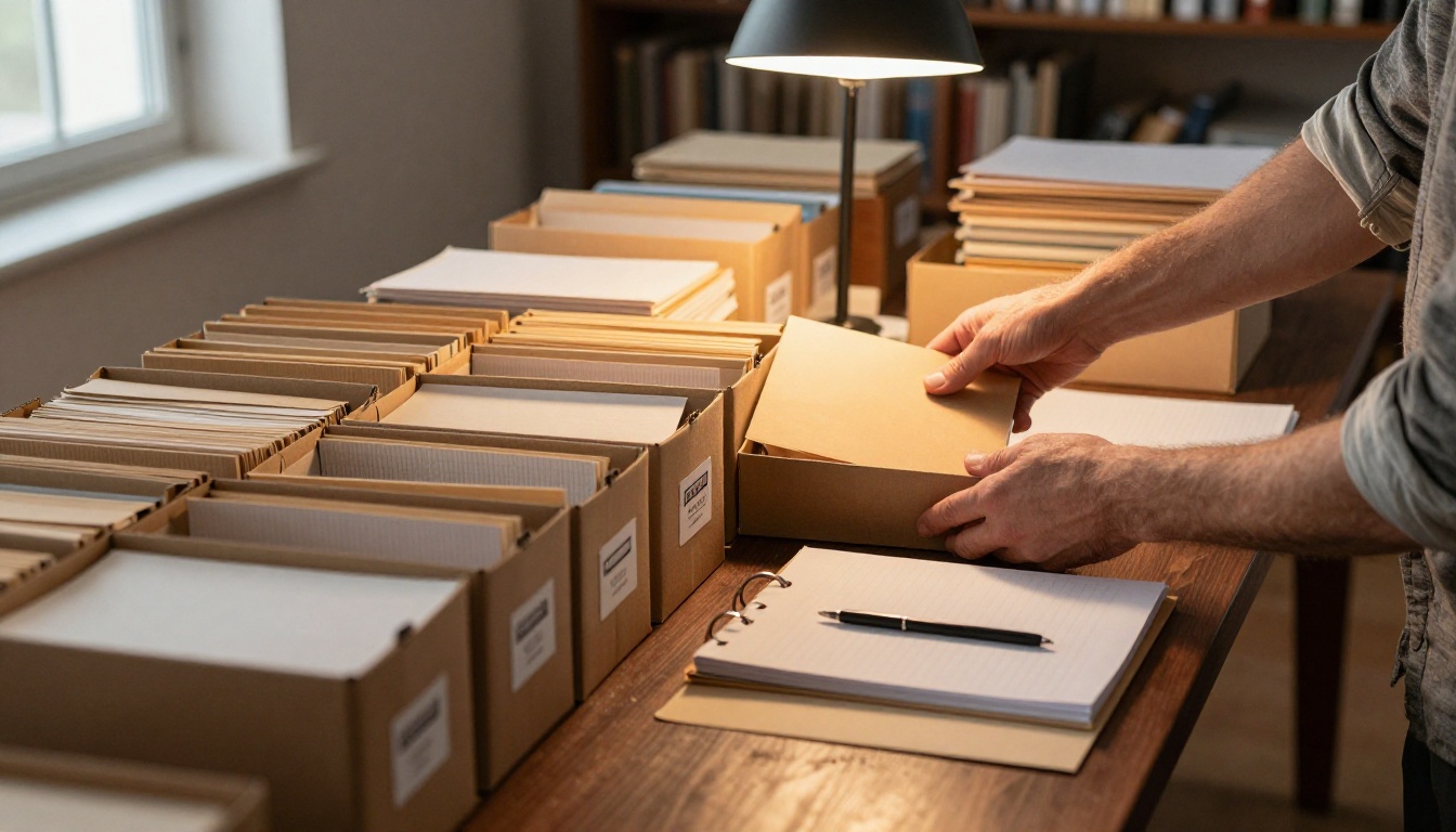 Top-down view of a walnut table stacked with sorted folders and archive boxes as a forearm places a folder