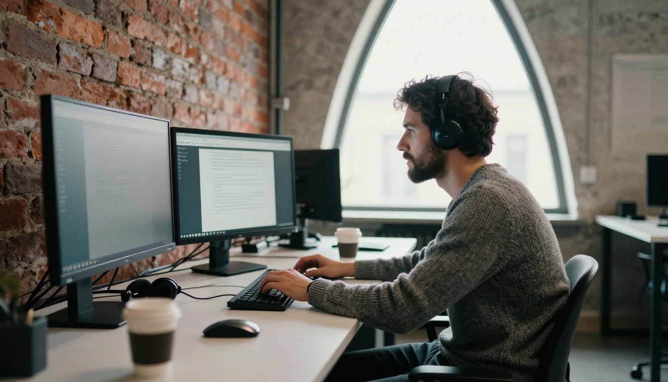 A bearded developer in a grey sweater working at a standing desk in a brick loft office