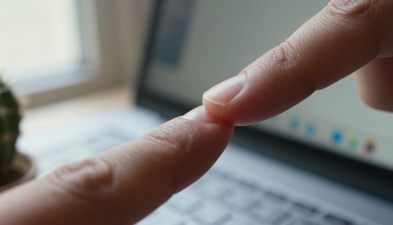 Macro shot of a fingertip on a laptop trackpad with a blurred browser window on the screen
