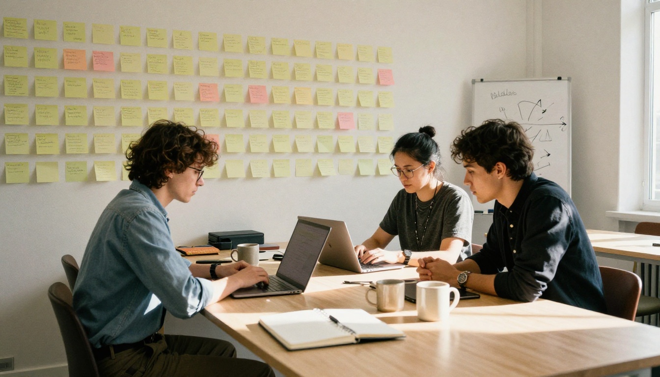 Three colleagues around a laptop in a bright shared workspace with a wall of sticky notes behind them