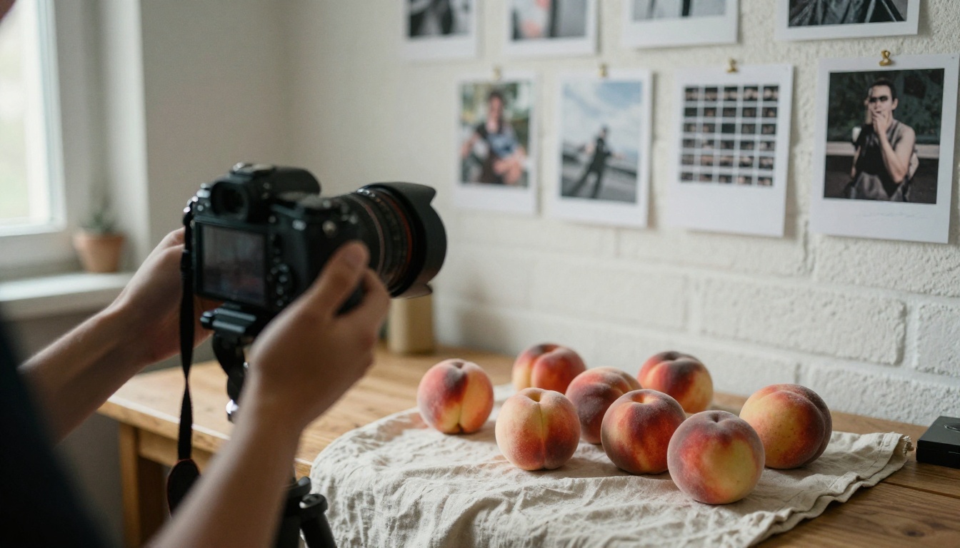 A camera on a wooden tripod facing a still life of peaches in a daylight photography studio