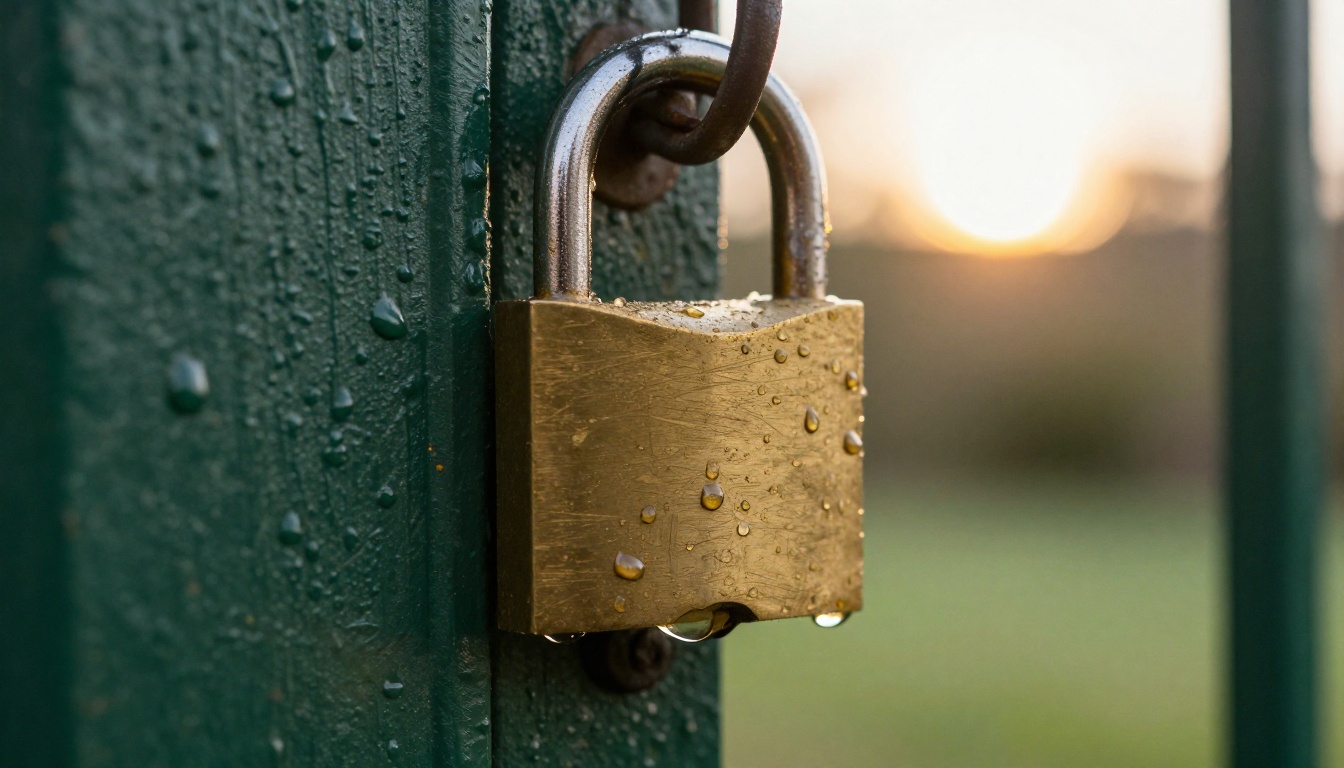 A weathered brass padlock with dew drops hanging on a green wooden gate at sunrise