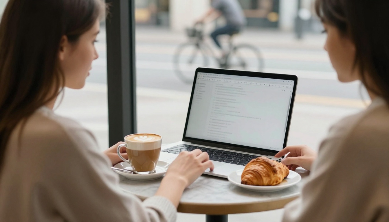 A young woman working on a laptop at a marble cafe table beside a bright window
