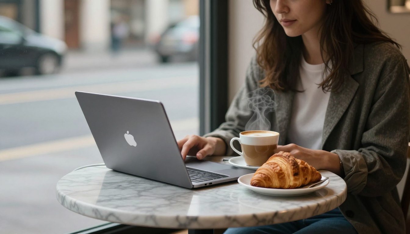 A woman plugs a single white cable into a laptop at a cafe table, a picture of the one custom connector the Free plan allows