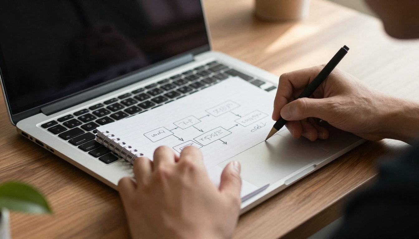 Hands on a laptop trackpad beside a notebook with a hand-drawn flowchart, the moment of adding a custom connector in Claude