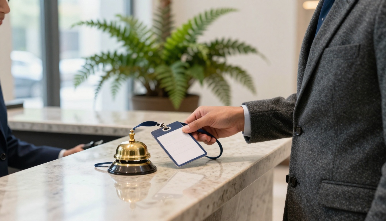 A hotel receptionist hands a visitor badge to a traveler, the same hand-off as an OAuth sign-in where the server issues access to each person