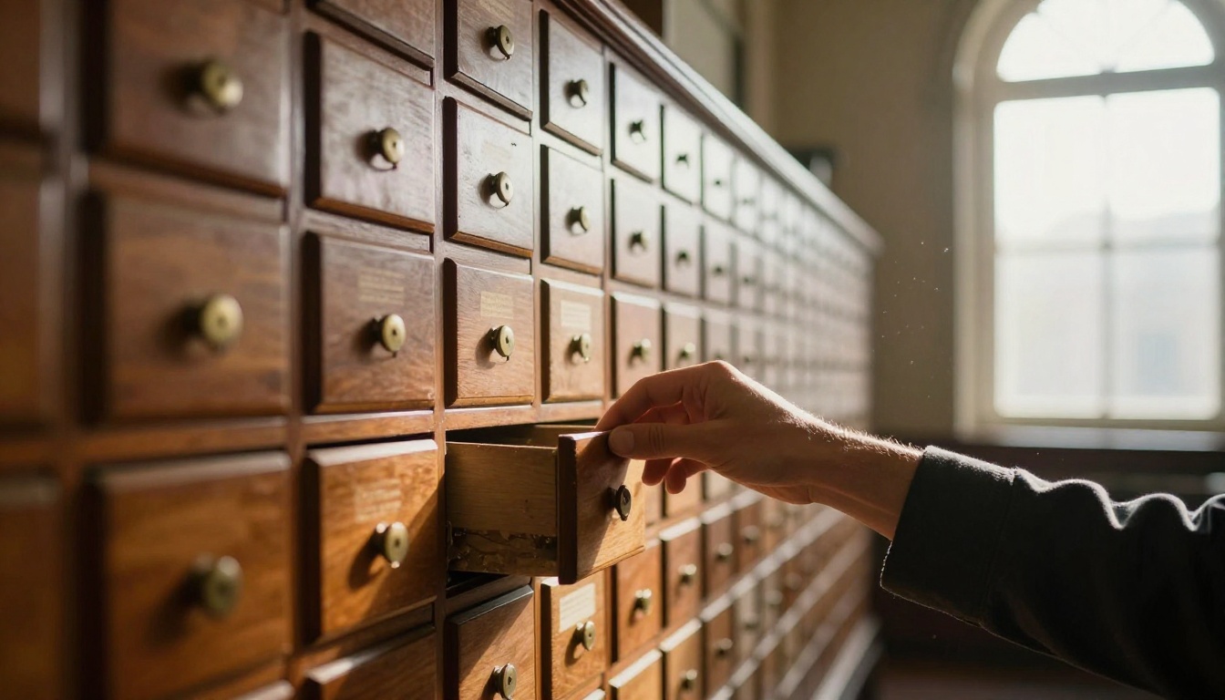 Wooden card catalog drawer pulled open in a sunlit reading room