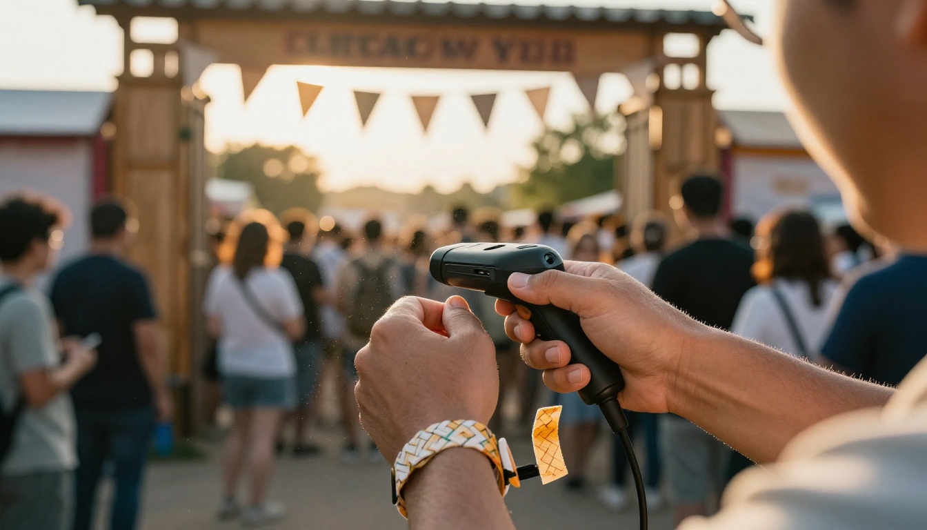 A festival gate attendant scans a wristband on a visitor's wrist, the way a server admits whoever presents a bearer token