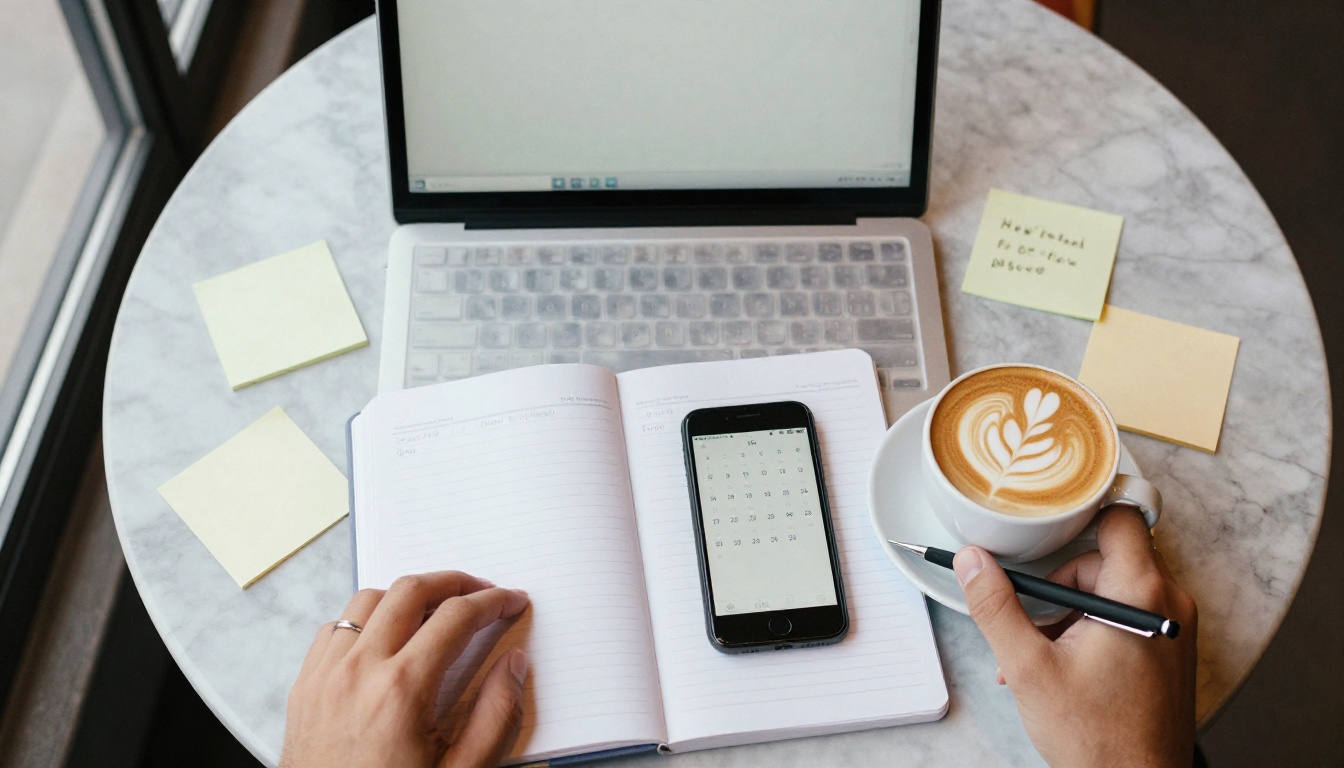 Top-down view of a laptop, planner, phone calendar and coffee on a marble cafe table