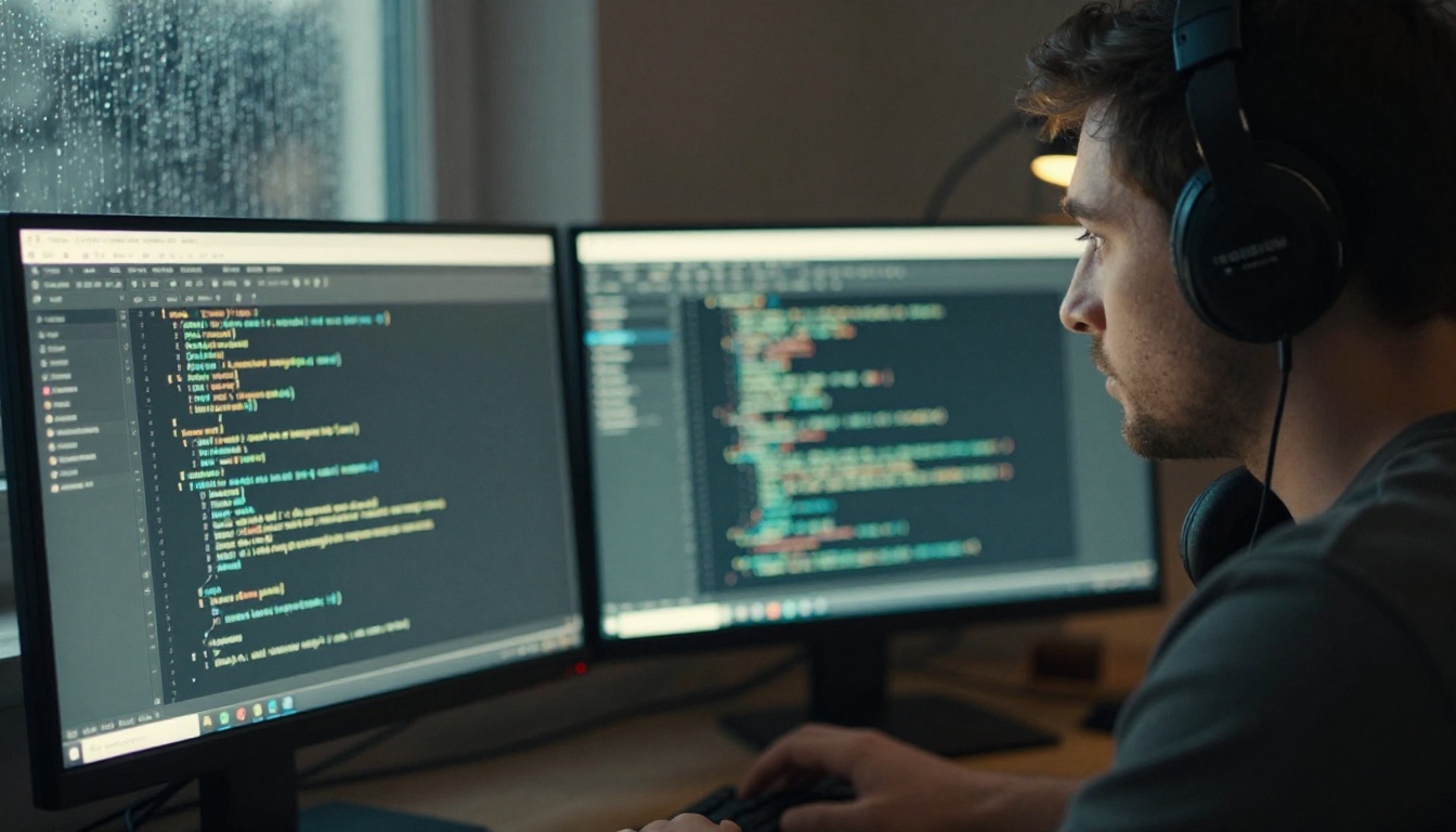 Developer at a two-monitor desk at night, lit by a warm lamp and a cool screen glow