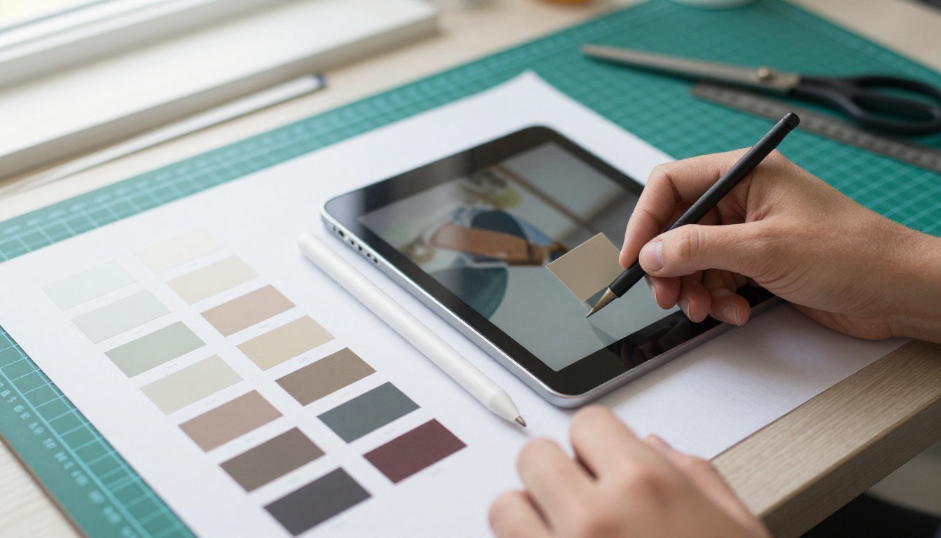 Designer's table with paint swatches, printed layouts, a stylus and a cutting mat