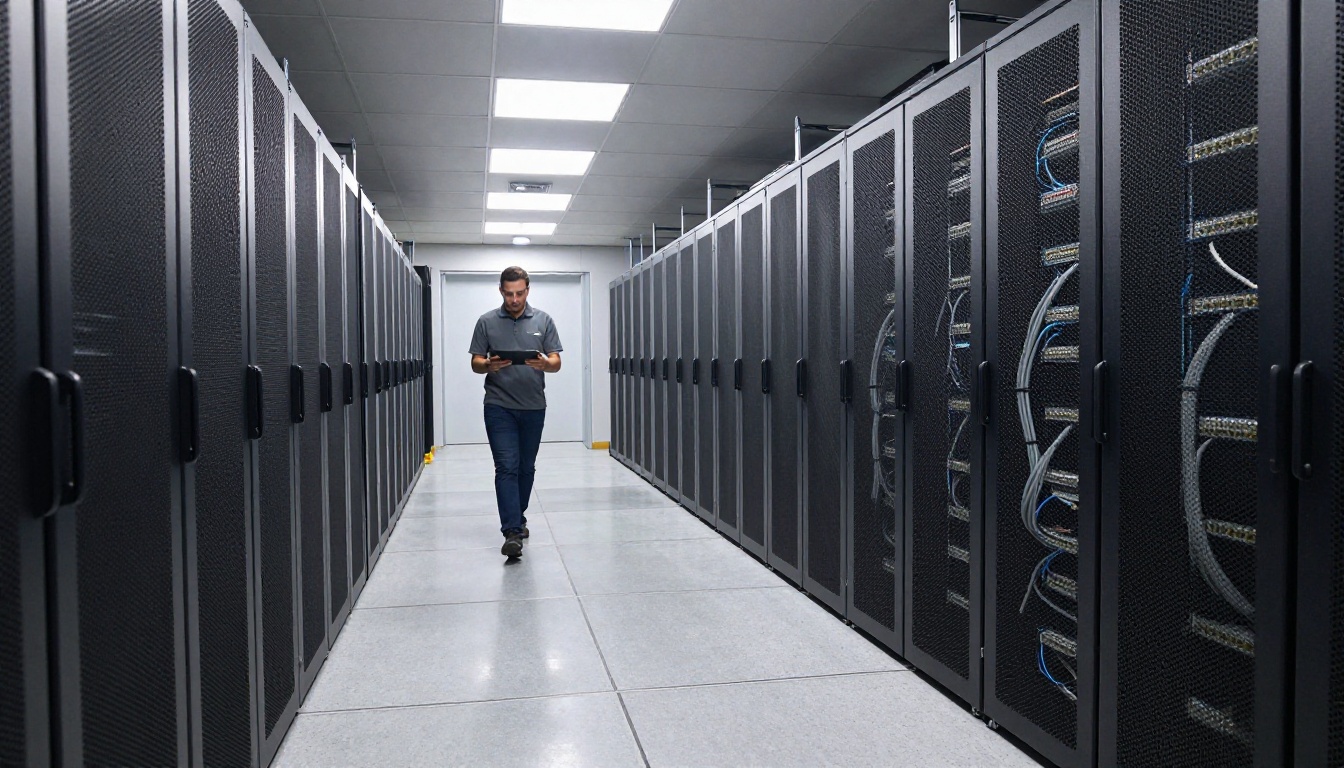 A quiet data center aisle between rows of black server racks, the public-facing server a connector must reach