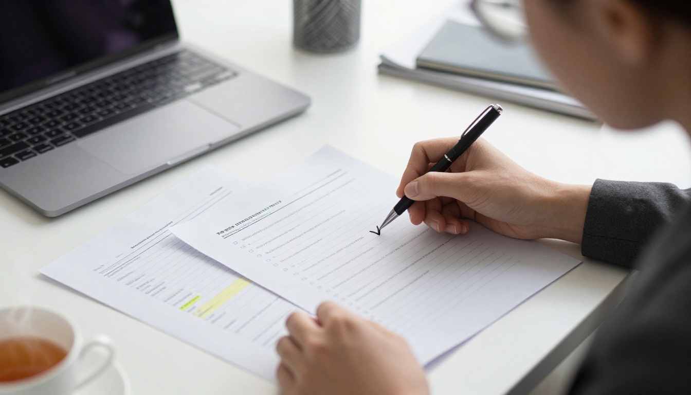 A woman in a blazer checks off lines on a printed permissions list, the review every new connector deserves
