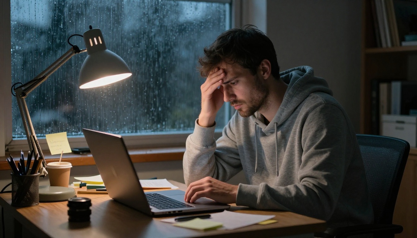 A tired developer rubs his forehead over a laptop on a rainy evening while debugging a failed connector