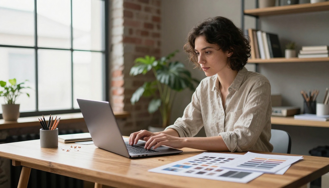 A creative director types a request at a standing desk in a bright studio, working with an AI model on Picasso IA