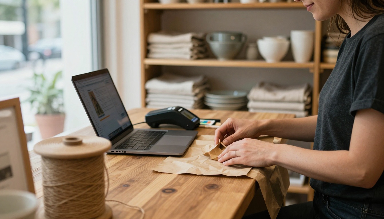 Boutique owner wrapping a parcel at a wooden counter with a laptop and card reader nearby