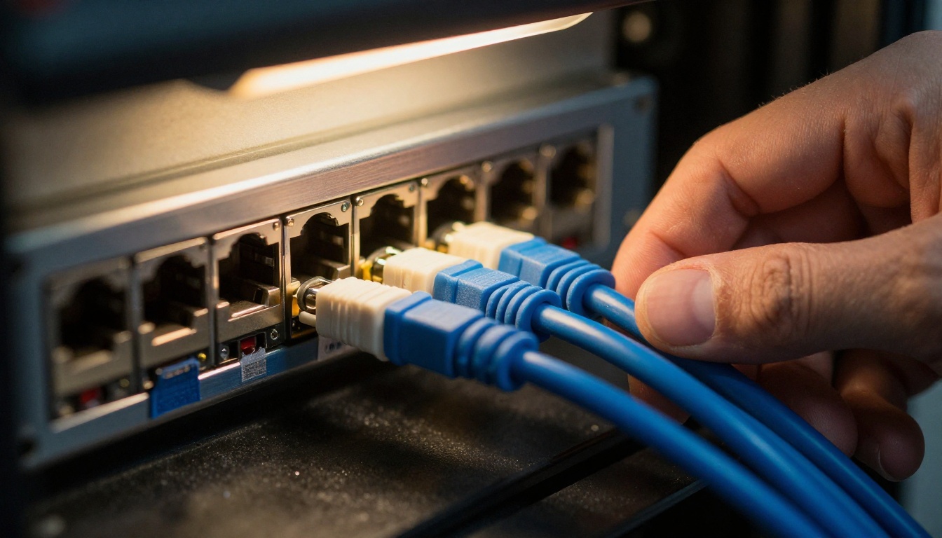 Technician's hand plugging a blue fiber cable into a patch panel in a quiet data closet