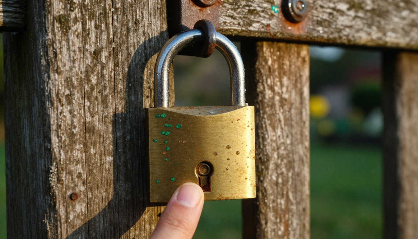 Worn brass padlock hanging on a weathered wooden gate in early morning light