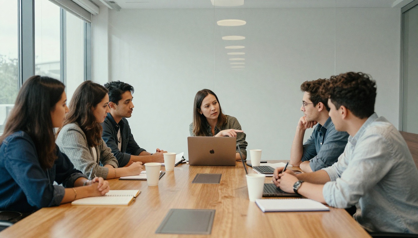 Five coworkers around a long oak table in a glass meeting room, leaning toward one open laptop