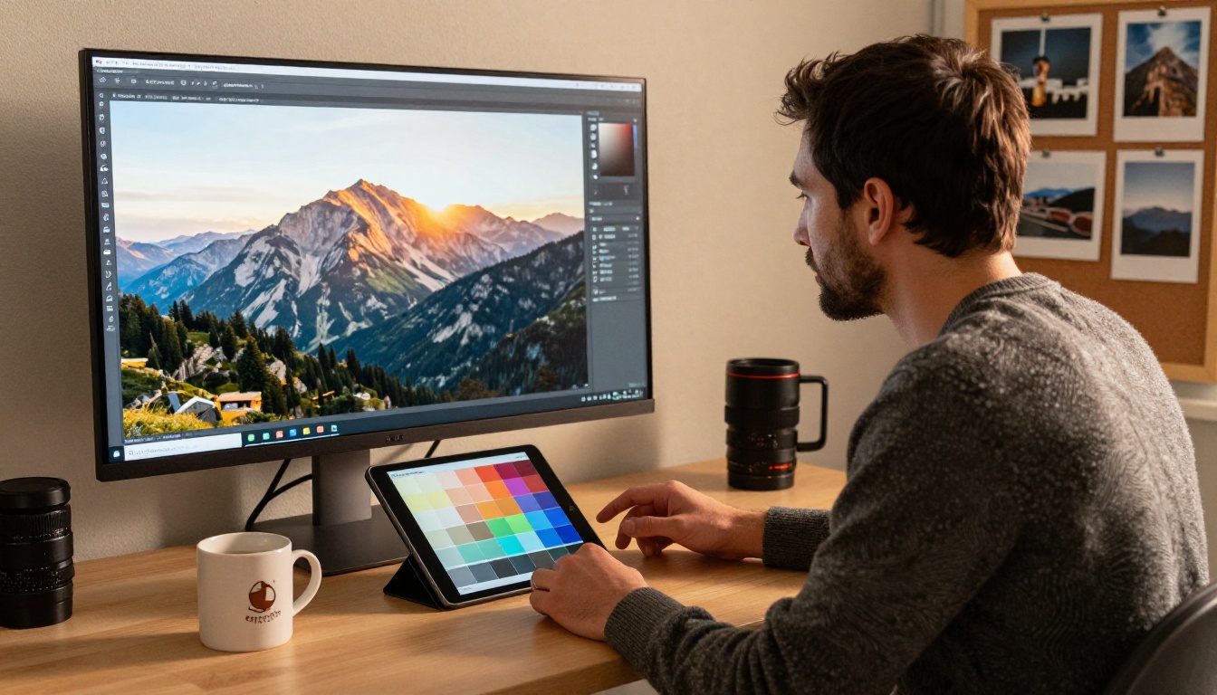 Creator at a standing desk in a loft studio with a landscape photo on a large monitor