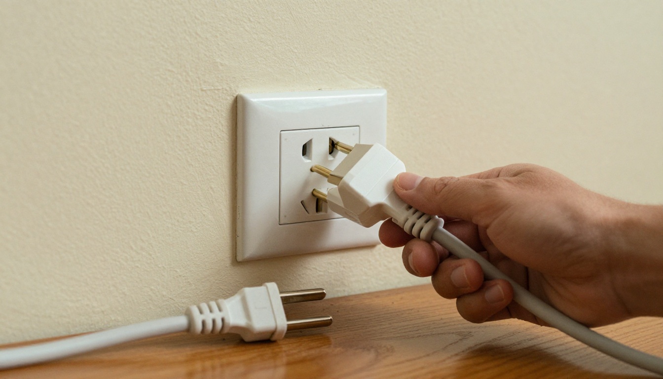 A hand pressing a white power plug firmly into a wall socket beside a loose cable