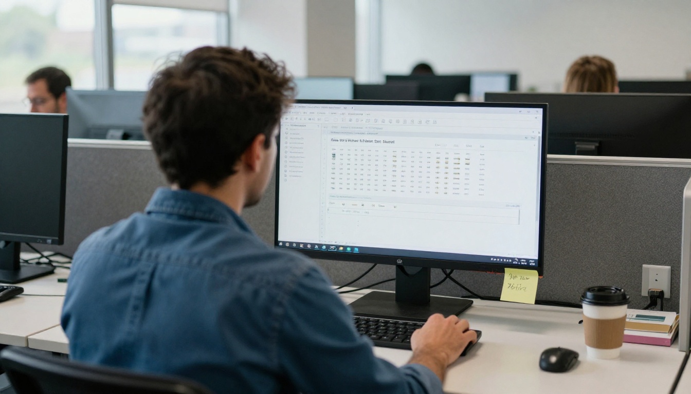 An IT administrator reviewing a settings page on a large monitor in an open-plan office